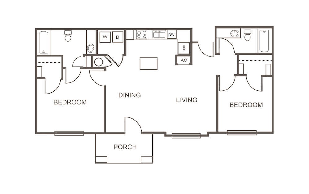 B1 - 2 bedroom floorplan layout with 2 bath and 1073 square feet (1st floor 2D)